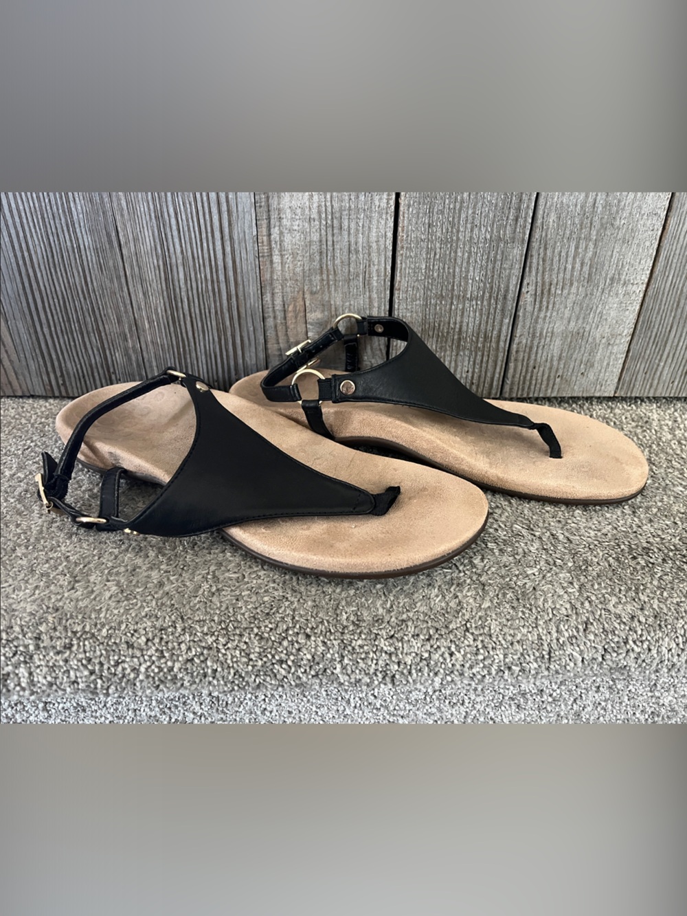 Vionic Black and Tan T-Strap Sandals with Gold Accents